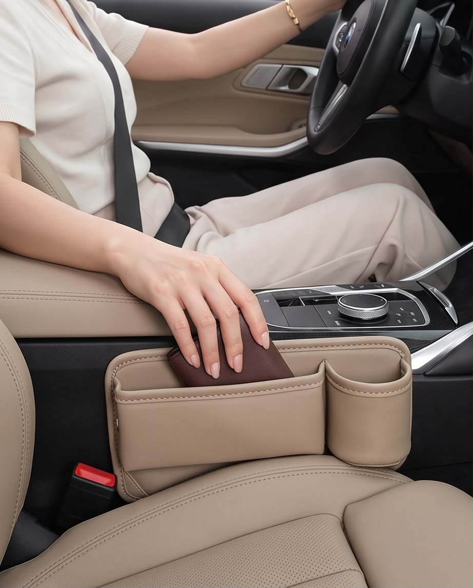 Leather Car Seat Organizer with Cup Holder