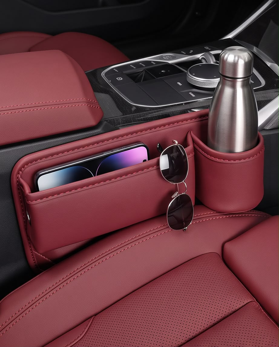 Leather Car Seat Organizer with Cup Holder