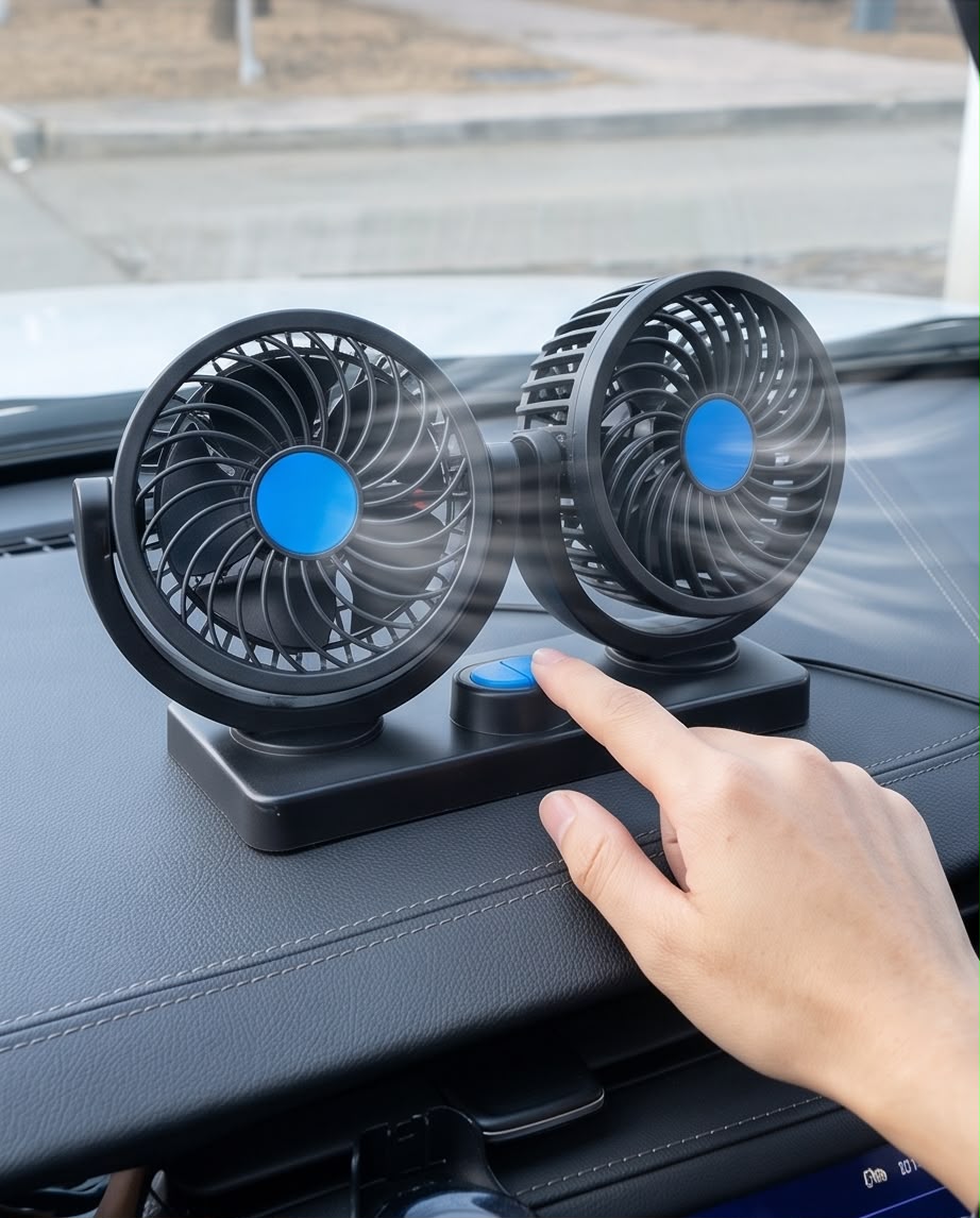 Dual Head Car Fan – 360° Rotatable USB Cooling Fan