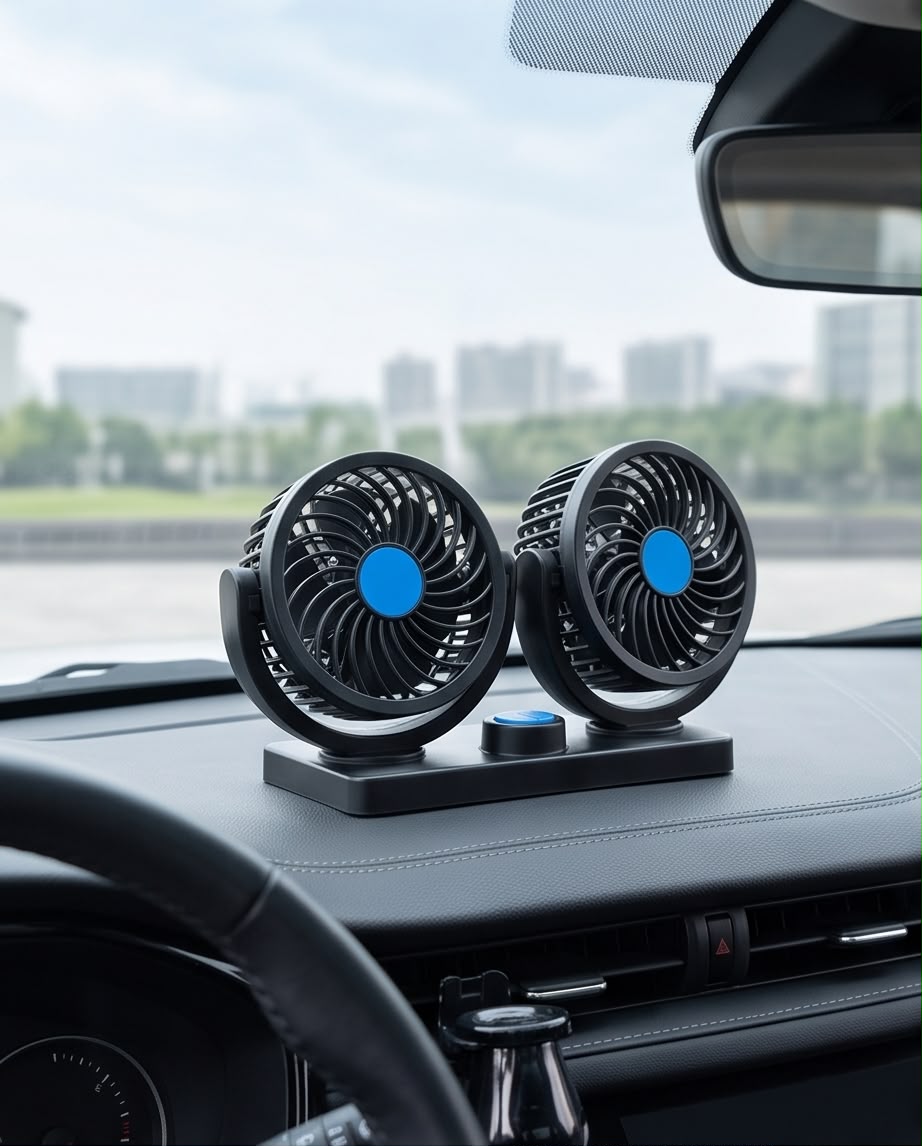 Dual Head Car Fan – 360° Rotatable USB Cooling Fan